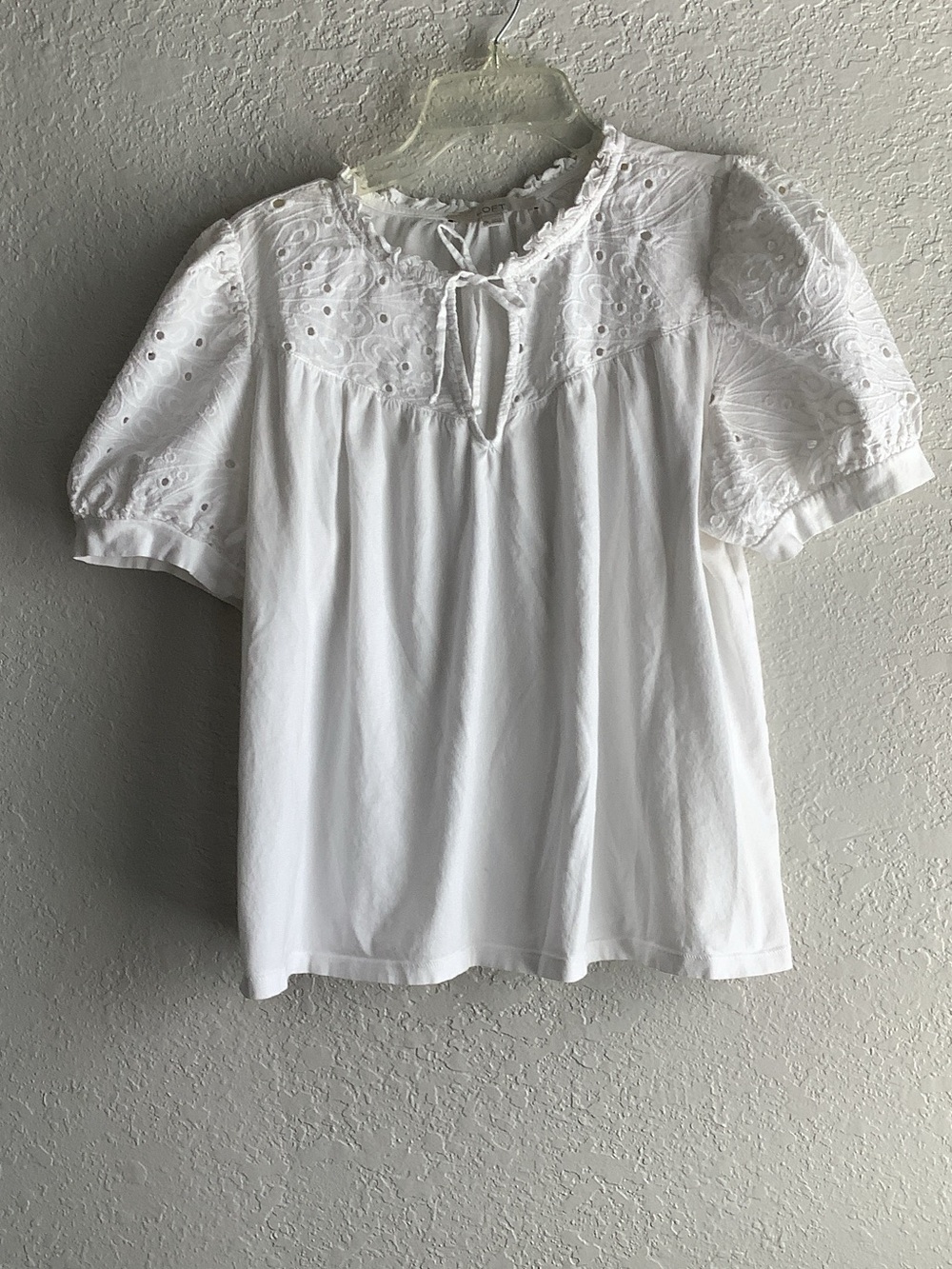 LOFT White Eyelet Tie-Neck Puff Sleeve Top